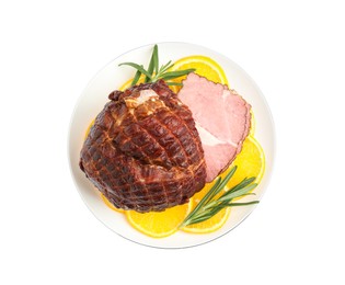 Photo of Delicious ham with orange slices and rosemary isolated on white, top view