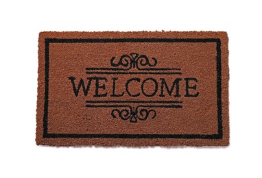 Photo of Doormat with word Welcome isolated on white, top view