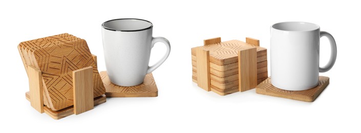 Stylish wooden cup coasters and mugs on white background, collage. Banner design
