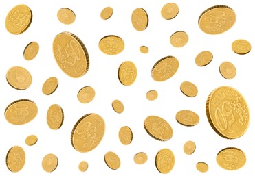 Flying euro cent coins on white background