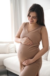 Pregnant young woman touching belly at home