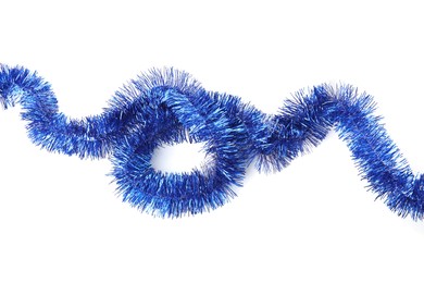 Shiny blue tinsel isolated on white, top view
