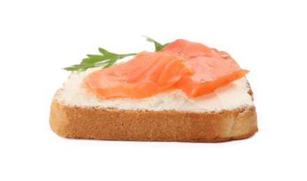Photo of Delicious sandwich with cream cheese, salmon and parsley isolated on white
