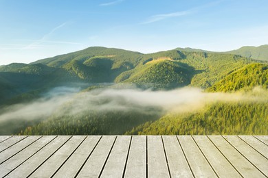 Empty wooden surface and beautiful view of forest in misty mountains