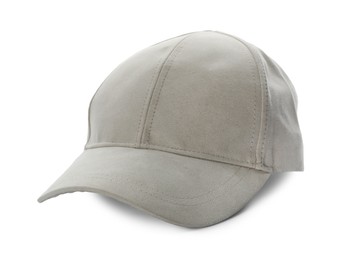 Stylish light grey baseball cap on white background