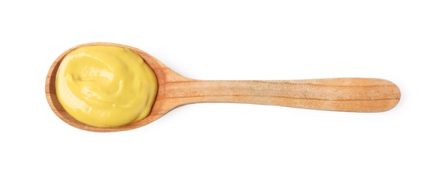 Delicious mustard in wooden spoon isolated on white, top view