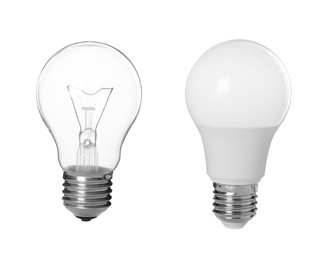 Comparison of two different light bulbs on white background, collage