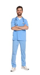 Full length portrait of doctor in scrubs on white background