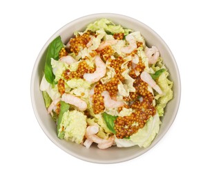 Delicious salad with Chinese cabbage, shrimps and mustard seed dressing isolated on white, top view