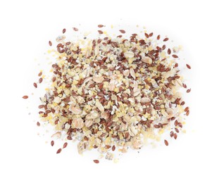 Pile of granola on white background, top view. Healthy snack