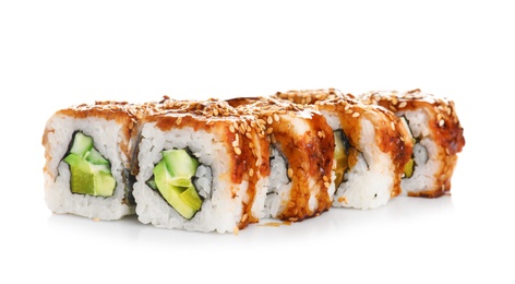 Tasty sushi rolls on white background. Food delivery service