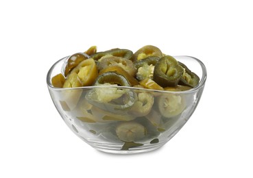 Photo of Slices of pickled green jalapenos in glass bowl isolated on white