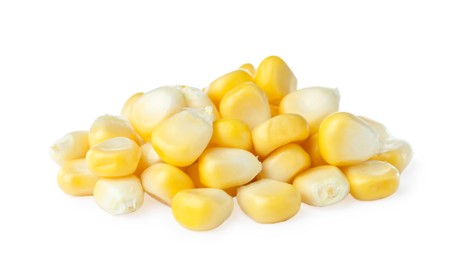 Pile of tasty fresh corn kernels on white background