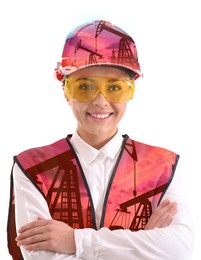 Double exposure of woman wearing uniform and crude oil pumps on white background