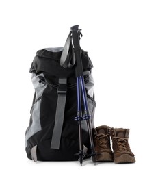 Pair of trekking poles and camping equipment for tourism on white background