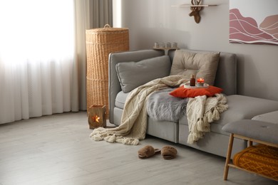 Spacious living room with comfortable sofa. Interior design