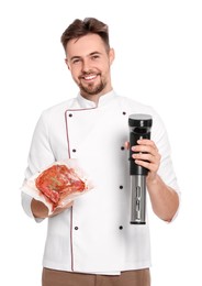 Smiling chef holding sous vide cooker and meat in vacuum pack on white background