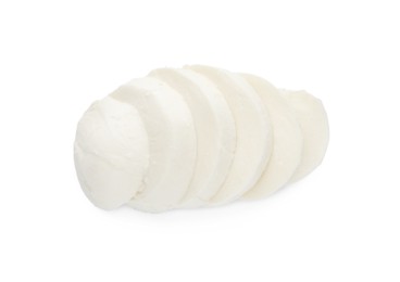 Delicious mozzarella cheese slices on white background, top view