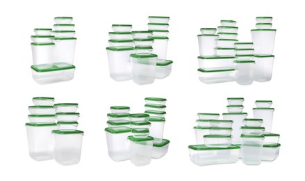 Set with empty plastic containers of different sizes for food on white background