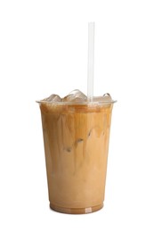 Takeaway plastic cup with cold coffee drink and straw isolated on white