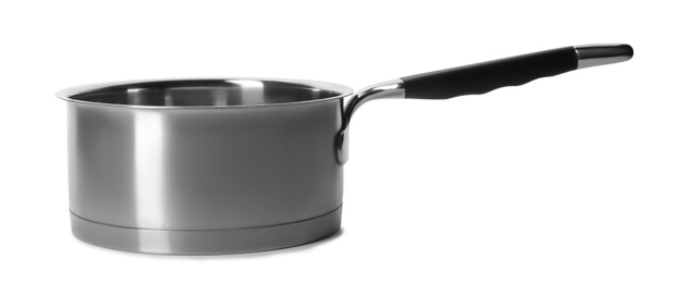 Empty modern steel saucepan isolated on white