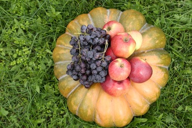 Ripe pumpkin, grapes and apples on green grass, top view. Autumn harvest