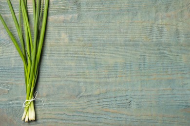 Photo of Bunch of fresh green onion on blue wooden table, top view. Space for text