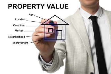 Real estate agent using virtual screen with house illustration, closeup. Property value concept
