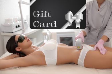 Beauty salon gift card. Young woman undergoing laser hair removal procedure