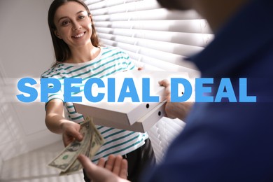 Image of Special deal. Young woman and deliveryman indoors