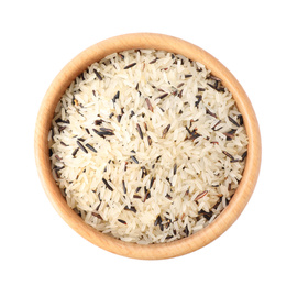 Mix of brown and polished rice in wooden bowl isolated on white, top view