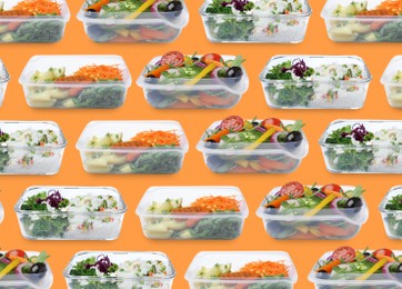 Set of plastic food containers with different prepared meals on orange background
