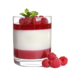 Delicious panna cotta with fruit coulis and fresh raspberries isolated on white