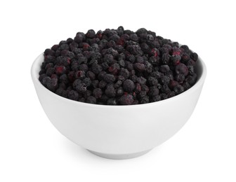 Freeze dried blueberries in bowl on white background
