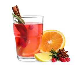 Glass of aromatic punch drink and ingredients on white background