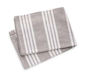 Grey striped kitchen towel isolated on white, top view