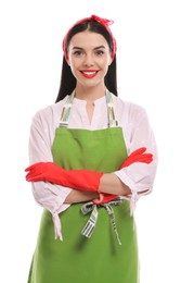 Young housewife wearing rubber gloves on white background