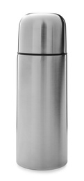 Modern closed stainless thermos isolated on white