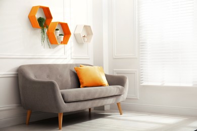 Image of Stylish sofa, honeycomb shaped shelves with decorative elements and houseplants in room