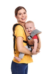 Woman with her son in baby carrier on white background