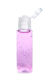 Photo of Bottle with pink antiseptic gel isolated on white