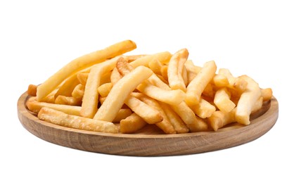 Wooden plate of delicious french fries on white background