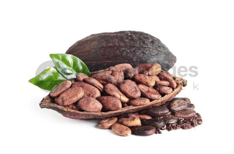 Cocoa beans, pods and leaves isolated on white