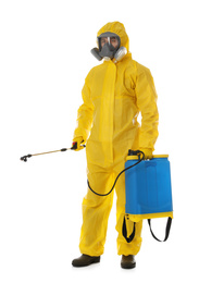 Man wearing protective suit with insecticide sprayer on white background. Pest control