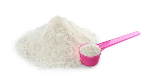 Powdered infant formula and scoop on white background. Baby milk