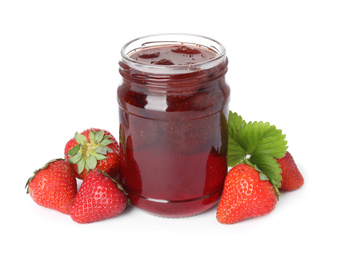 Delicious pickled strawberry jam and fresh berries isolated on white