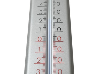 Modern grey weather thermometer on white background, closeup