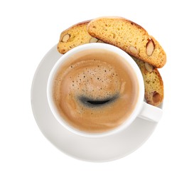 Tasty cantucci and cup of aromatic coffee on white background, top view. Traditional Italian almond biscuits