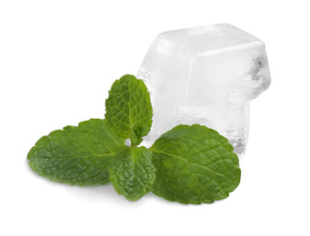 Crystal clear ice cubes and mint on white background