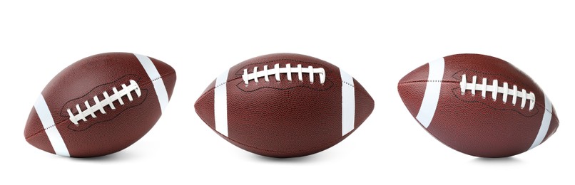 Set with leather American football balls on white background, banner design. Football equipment